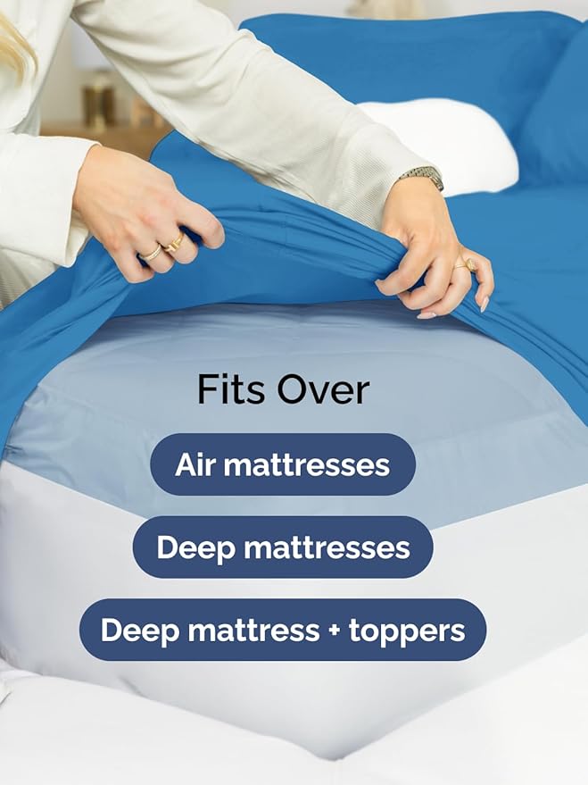 Extra Deep Full Sheet Set - 6 Piece Breathable & Cooling Sheets - Hotel Luxury Bed Sheets Set - Easy & Secure Fit - Soft, Wrinkle Free & Comfy Sheets Set - Denim Blue Sheet Set with Extra Deep Pockets