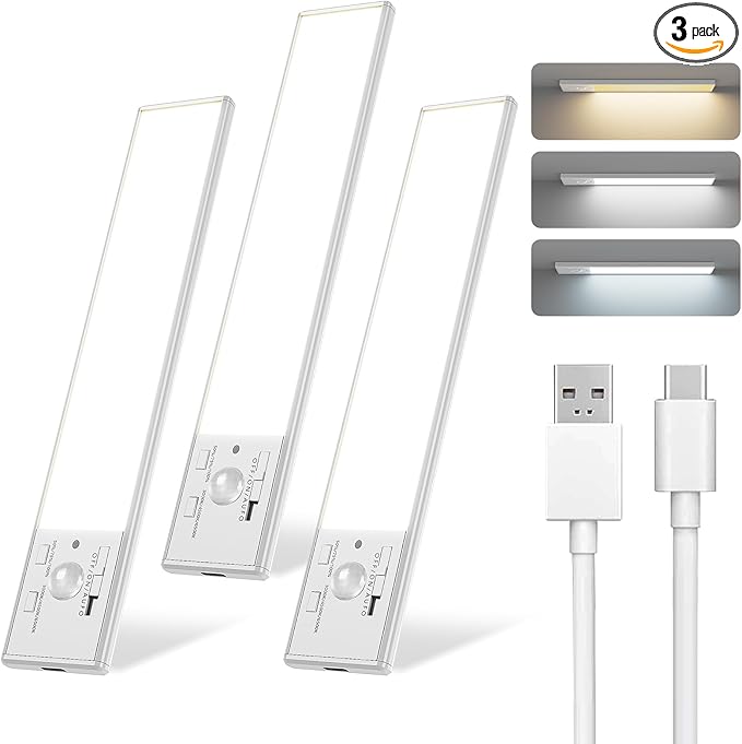 FBY Under Cabinet Lighting, 12 Inch Motion Sensor Light Indoor, 1800mAh USB Rechargeable Closet Light, 3 Color Temperature Operable LED Lights, Can Be Used for Wardrobes, Cabinets, Stairs (3 Pack)