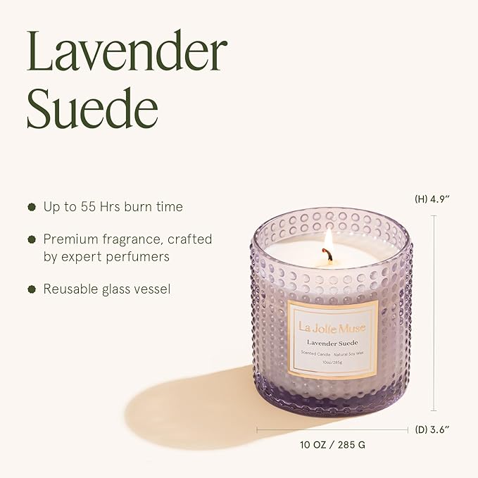 LA JOLIE MUSE Lavender Suede Candle - Lavender, Eucalyptus, Sandalwood | 10 oz Natural Soy Wax | 55 Hours Clean Burn | Aromatherapy Candle | Perfect for Relaxation, Self-Care and Meditation