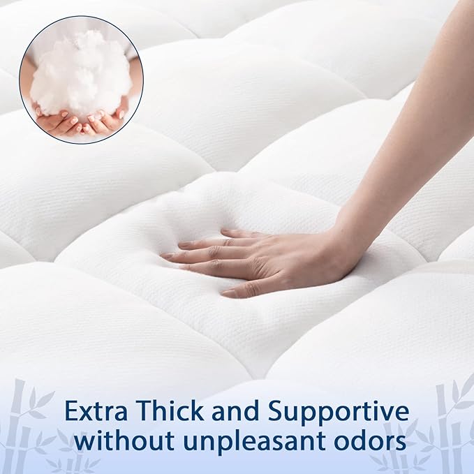 ELEMUSE California King Cooling Bamboo Viscose Mattress Topper for Back Pain, Extra Thick Mattress Pad Cover, Plush Soft Pillowtop with Elastic Deep Pocket, Overfilled Down Alternative Filling