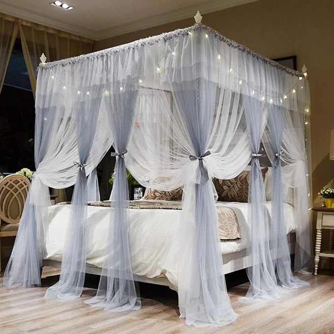 Joyreap Luxury 4 Corners Post Canopy Bed Curtains - Grey & White Cozy Drape Netting - Cute Princess Style Bedroom Decoration Accessories (59" W x 78" L, Full/Queen)