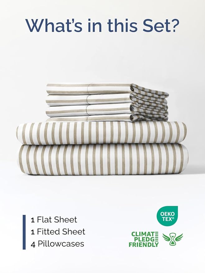 Extra Deep King Sheet Set - 6 Piece Breathable and Cooling Sheets - Hotel Luxury Bed Sheets Set - Easy Fit - Soft, Wrinkle Free and Comfy Sheets Set - Beige Striped Sheet Set with Extra Deep Pockets