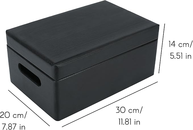 Large Black Wooden Box Storage with Hinged Lid | 11.8 x 7.87 x 5.51 inches (+-0.5) | with Handles | Gift Box for Tool Dog Shoes Clothes Kitchen Storage | Wood Keepsake Chest