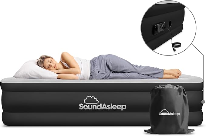 SoundAsleep Products Dream Series Luxury Air Mattress, ComfortCoil Technology, Built-in High Capacity Pump for Home, Camping- Double Height, Adjustable, Inflatable Blow Up, Portable - Twin Size