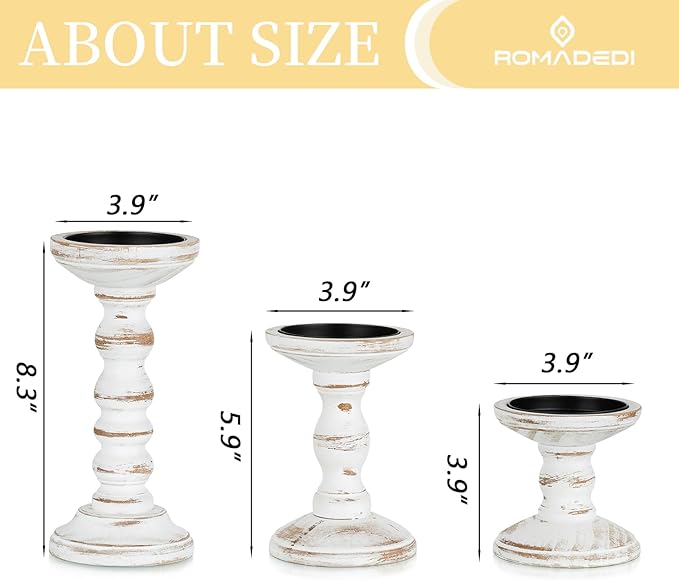 Romadedi Wood Candle Holders for Pillar Candles - Set of 3 Tall Farmhouse Wooden Candlestick Holder, Rustic Candle Stand for Fireplace Mantle Shelf Table Home Decor, Brown Whitewashed 3.9"/6"/ 8.3"