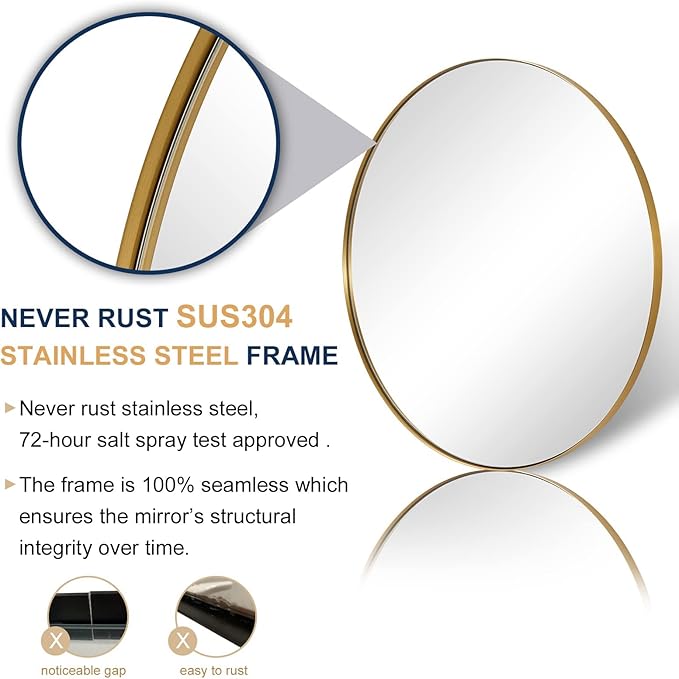 ANDY STAR Gold Round Mirror, 36’’ Brushed Gold Circle Bathroom Mirrors in Stainless Steel Metal Frame 1" Deep Set Design