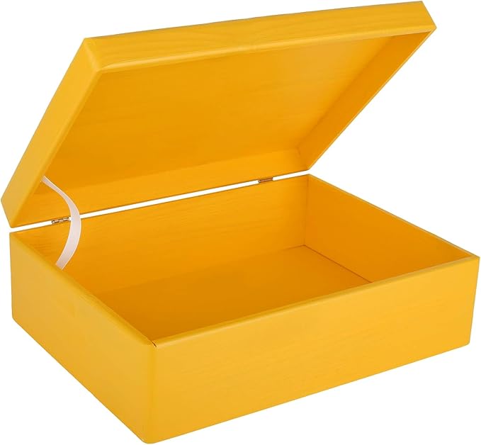 XL Yellow Wooden Box Storage with Hinged Lid | 15.8 x 11.8 x 5.5 inches (+-0.5) | Gift Box for Tool Shoes Clothes Kitchen Storage Document | Wood Keepsake Chest