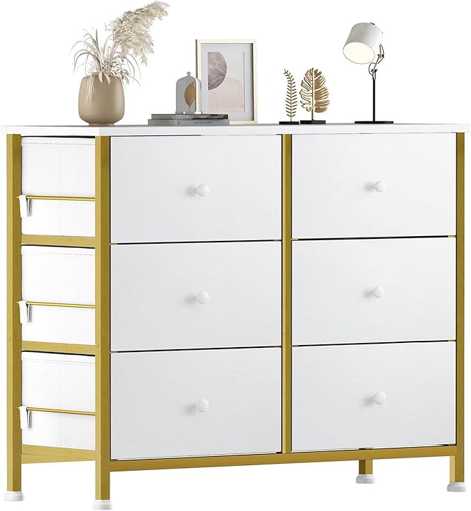 BOLUO White Dresser for Bedroom 6 Drawer Small Dresser Organizers Fabric Storage Chest Tower Dressers Unit for Closet Nursery Hallway Office, Kids and Adult Modern Gold