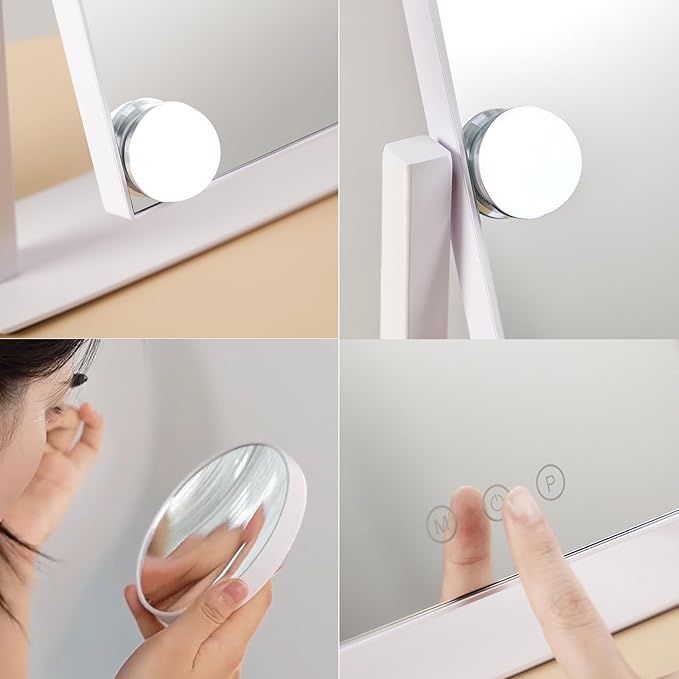 HIEEY Hollywood Makeup Mirror with 12 Dimmable Bulbs Lights, Three Color Lighting Modes, with 4in 20X Magnification Mirror, Smart Touch Control, 360°Rotation (White,Gift Box)