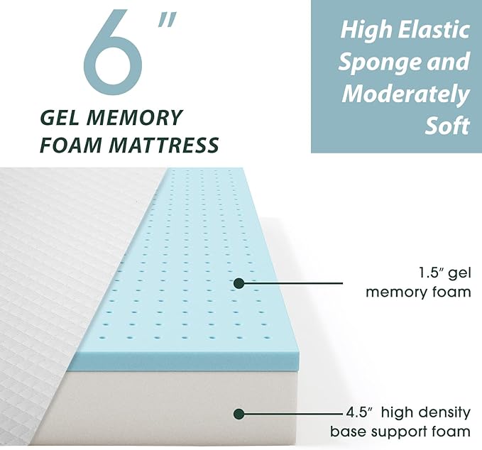 BestMassage | 6 Inch Twin Mattress | Gel Memory Foam | Medium Firm Feel | White | Bed in a Box, CertiPUR-US Certified | Pressure Relief, Cooling Ventilated Foam | Breathable Knit Cover