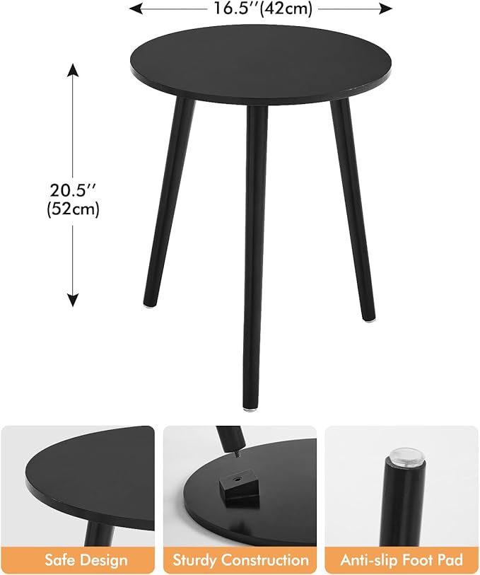Apicizon Round Side Table Set of 2, Black Nightstand Coffee End Table for Living Room, Bedroom, Small Spaces, Morden Side Table Home Decor Bedside with Wood Legs, 16.5 x 20.5 Inches