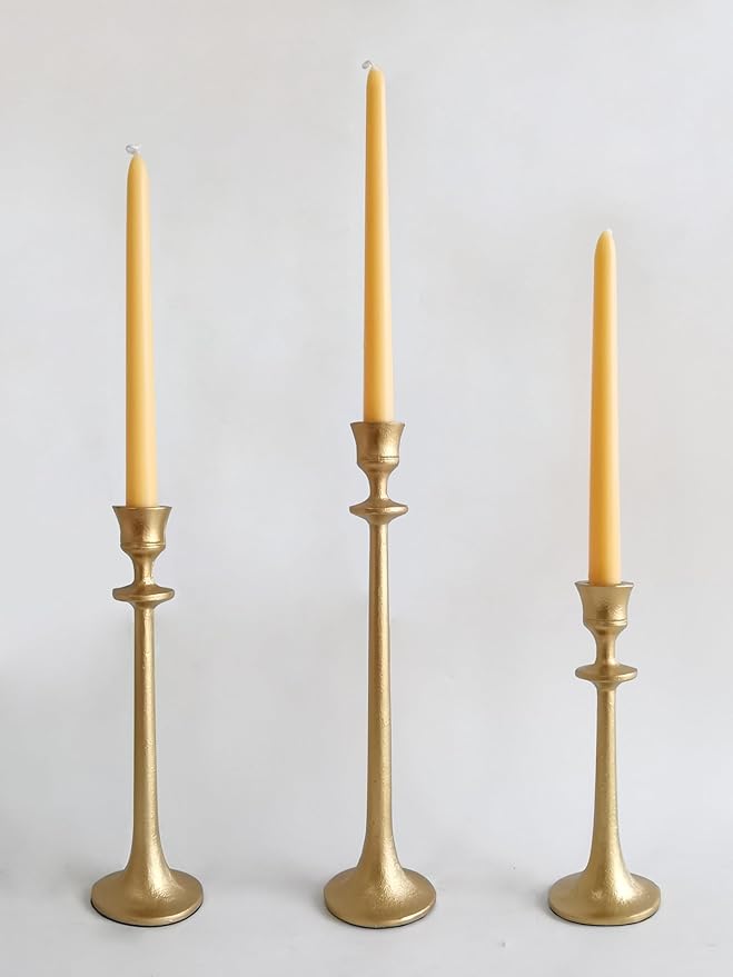 Iron Taper Candle Holder - Set of 3 Decorative Candle Stand - Candlestick Holder for Wedding, Dinning, Party - Antique Brass
