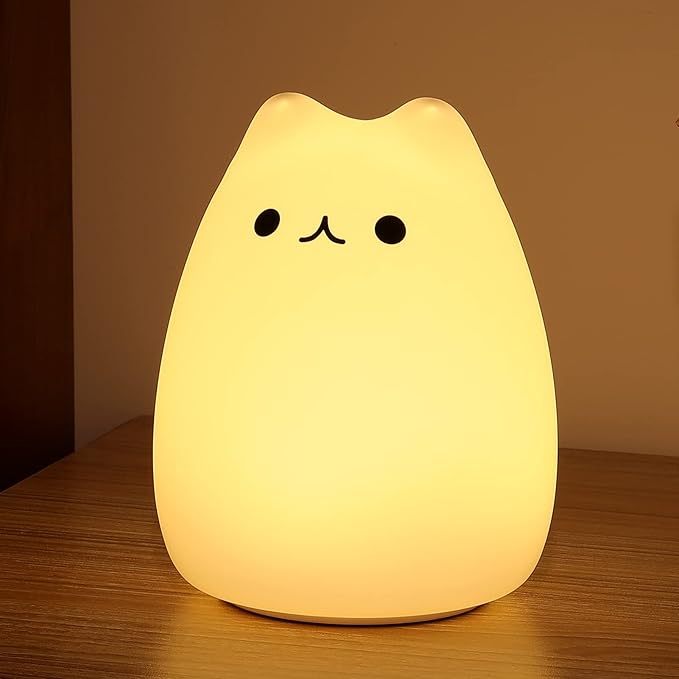 ZKLiLi cat Night Light, Cute Nursery Lights USB Rechargeable Cat Lamp Nightlight Birthday Christmas Gift with Warm White and 7-Color Breathing Modes for Kids Baby Children (USB Charging)