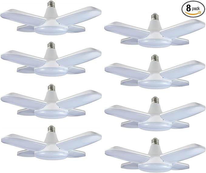 (8 Packs) LED Garage Lights, 60W Trilights Ceiling, High Low Bay Deformable Adjustable 4 Led Light Bulbs 6000LM 6000K, Screw in Tribright Garage Lighting Fixture,CRI80 Daylight