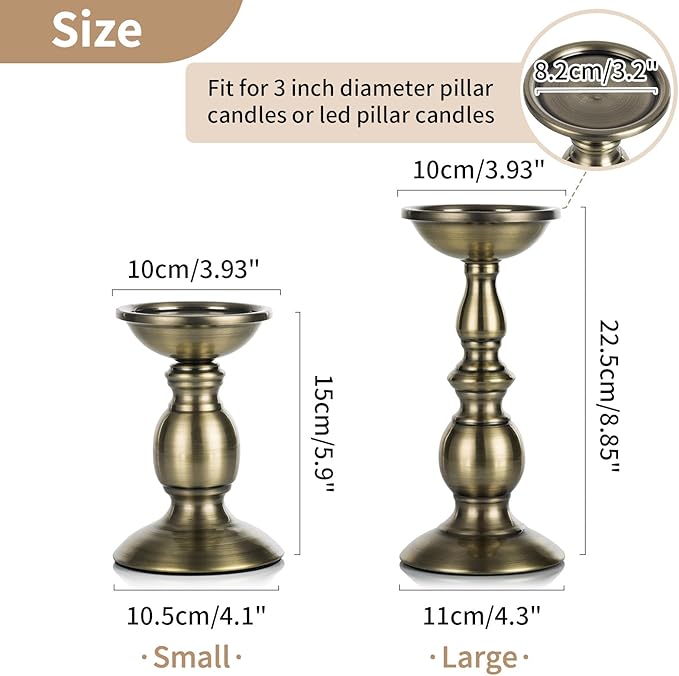 Bronze 2 Pcs Iron Pillar Candle Holders, Most Ideal for 3" Pillar Candles, Gifts for Wedding, Party, Home, Spa, Reiki, Votive Candle (S + L)