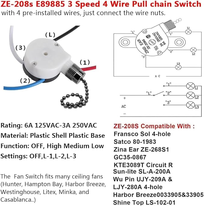 2PS Ceiling Fan Switch Zing Ear ZE-208s E89885 3 Speed 4 Wire Pull Chain Switch Fan Light Switch Replacement Part With 4 Pre-Installed Wires(Black Chain)