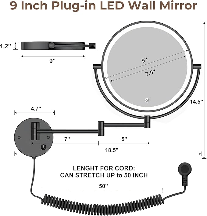 Rocollos 9" Plug-in Wall Mounted Lighted Makeup Mirror 1X/10X Magnification, Super Large Double Sided LED Vanity Mirror for Bathroom (Black)
