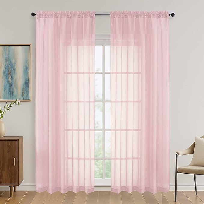 OVZME Blush Pink Sheer Curtains 84 Inches Long 2 Panels Set, Light Filtering Sheer Curtains for Living Room Bedroom 59 Inch Extra Wide, Modern Voile Filmy Rod Pocket Window Drapes, 59Wx84L Inches