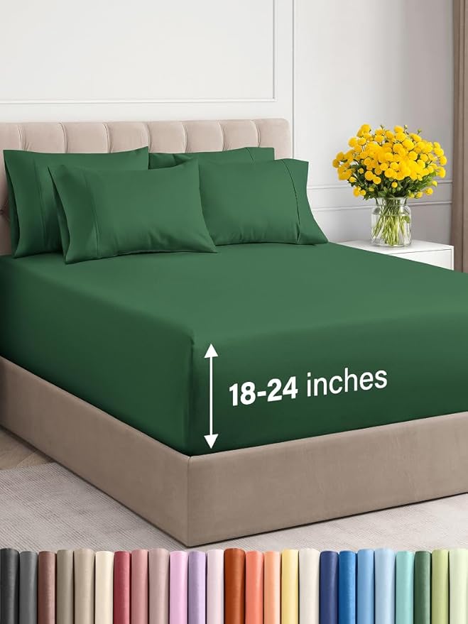Extra Deep Cal King Sheet Set - 6 Piece Breathable & Cooling Sheets - Hotel Luxury Bed Sheets Set - Easy Fit - Soft, Wrinkle Free & Comfy Sheets Set - Emerald Green Sheet Set with Extra Deep Pockets