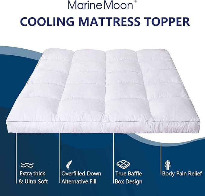 Marine Moon Mattress Topper Queen, Cooling Plush Bed Thick Pillow Top Pad, Hotel Quality Down Alternative for Queen Size with Deep Pocket,Soften Hardened Bed