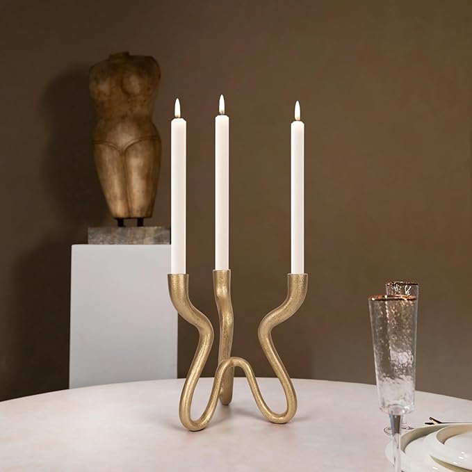 Triple Candle Holder Candelabra - Cast Iron Metal Taper Candlestick Stand with Antique Brass Finish - Elegant Wedding Centerpiece for Home, Dining, Event Decor