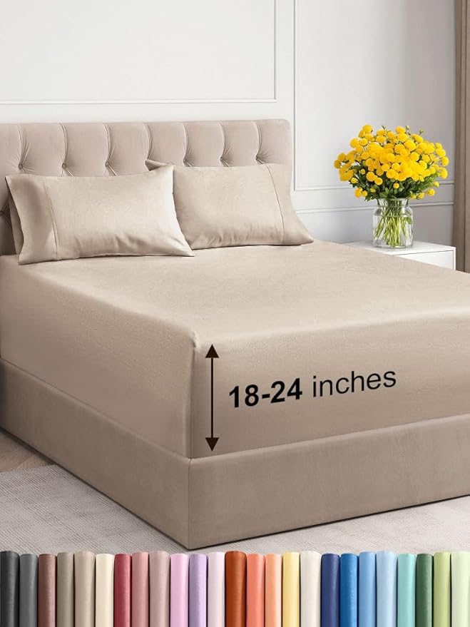 Extra Deep Twin Sheet Set - 4 Piece Breathable and Cooling Sheets - Hotel Luxury Bed Sheets Set - Easy & Secure Fit - Soft, Wrinkle Free and Comfy Sheets Set - Wheat Sheet Set with Extra Deep Pockets