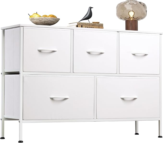 WLIVE White Dresser for Bedroom with 5 Drawers, Chest of Drawers, Fabric Small Dresser with Drawer Organizers, Storage Organizer Unit for Hallway, Entryway, Closets