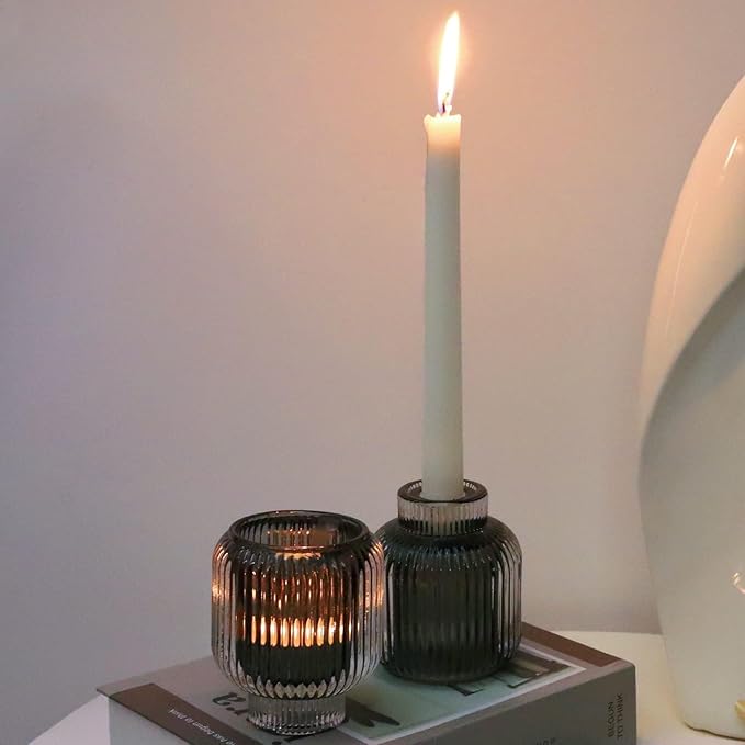 Woho Grey Ribbed Votive Candle Holders Set of 4, Vintage Tea Lights Candle Holder for Daily Home Decor, Glass Tealight Candle Holder for Halloween/Thanksgiving Decor(Grey, 3.5'' Tall 3.1'' Diameter)