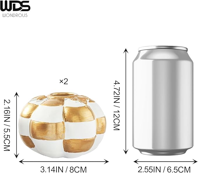 WDS WONDROUS Fall Pumpkin Candle Holder Set White & Gold Thanksgiving Decorations Halloween – 2PCS Checkered Pumpkin Candlestick Holders Decor – Taper Candle Holders, Autumn Table Centerpieces Decor