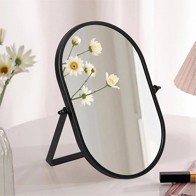 Metal Stand Adjustable Makeup Vanity Mirror Portable Black Small Desktop Mirror with 180° Rotation Desk Mirrors for Dressing Room,Bedroom, Bathroom,Tabletop