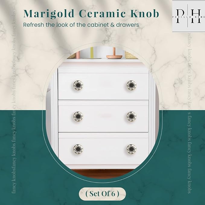 Perilla Home Set of 6 Knob Ceramic Decorative Knobs for Home Kitchen Cabinet Hardware Cupboard Door Dresser Wardrobe and Drawer Pulls (Marigold Black)