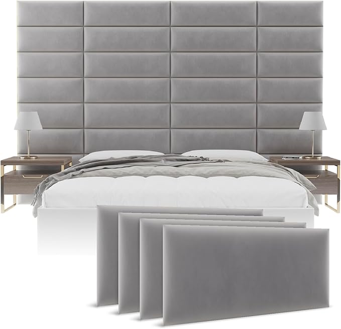 Vänt Upholstered Wall Panels - Queen/Full Size Wall Mounted Velvet Headboards - Velvet Platinum Grey - Set of 4 Panels (Each Individual Panel 30"x11.5")