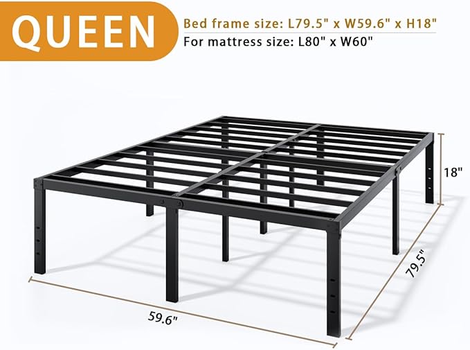 Metal Bed Frame Queen Size - 18 Inch Heavy-Duty Queen Platform Bed Frame No Box Spring Needed, Easy Assembly, Noise-Free, Sturdy Mattress Foundation, Underbed Storage Space