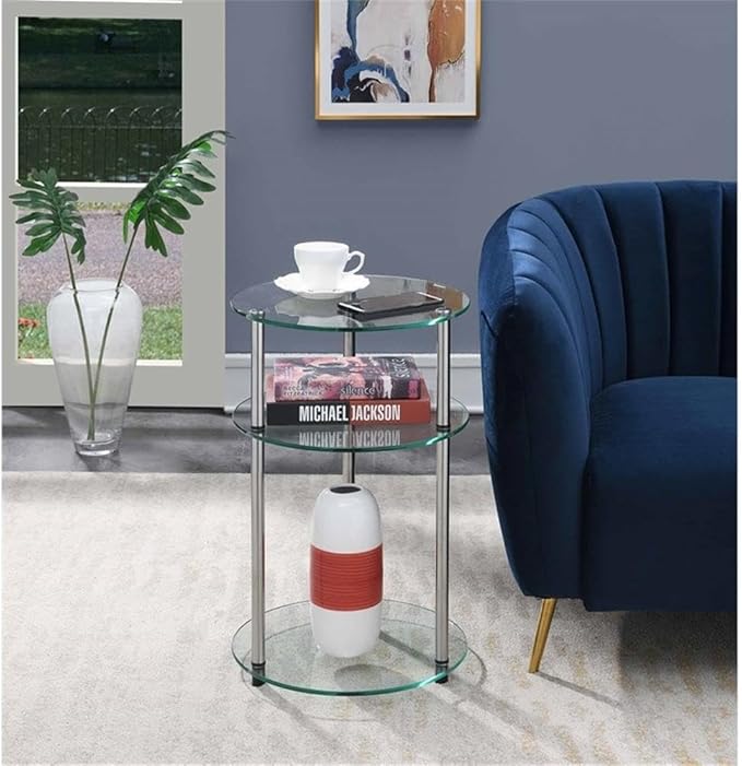 Convenience Concepts Designs2Go Classic Glass 3-Tier Round End Modern Contemporary Side Table with Storage Shelves for Living Room, Bathroom, Bedroom, 15.75"