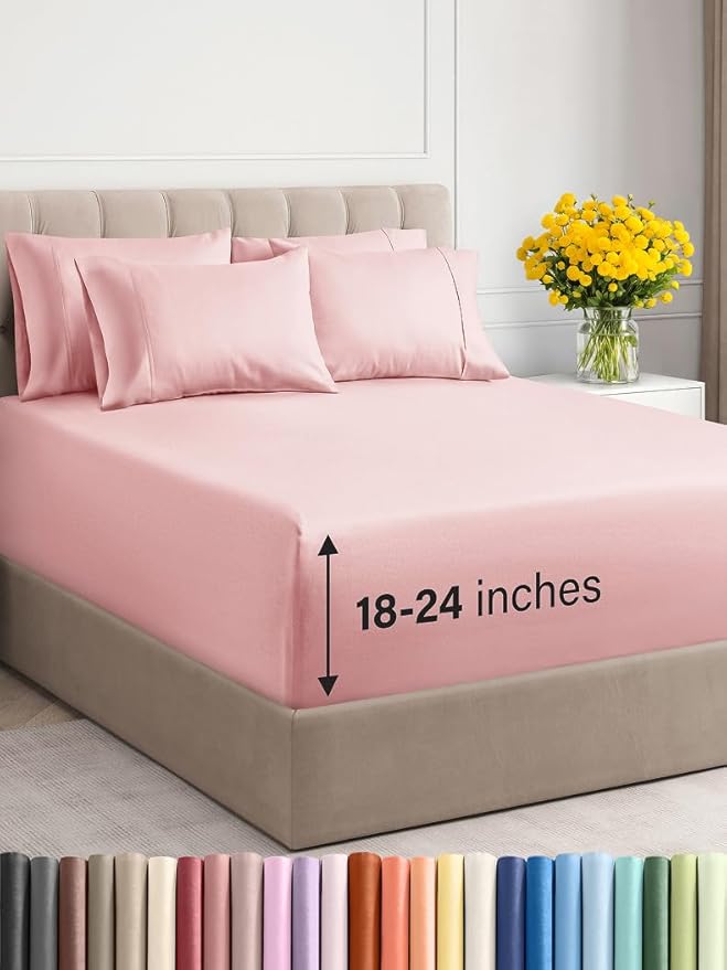 Extra Deep Cal King Sheet Set - 6 Piece Breathable and Cooling Sheets - Hotel Luxury Bed Sheets Set - Easy Fit - Soft, Wrinkle Free and Comfy Sheets Set - Baby Pink Sheet Set with Extra Deep Pockets