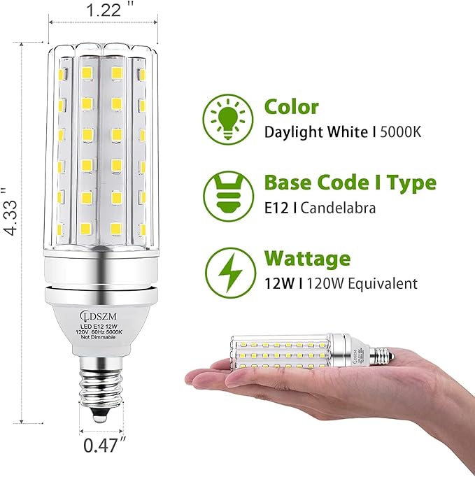 E12 LED Bulbs 12W Candelabra led Light Bulb,100 Watt Equivalent 1200lm Daylight White 5000K E12 Base LED Chandelier Light Bulbs Non-Dimmable LED Corn Bulbs, Pack of 6