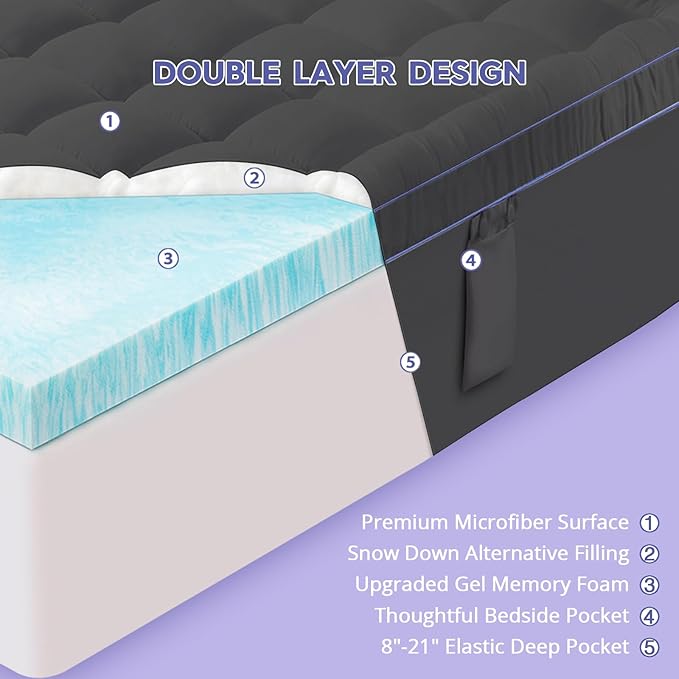 ABENE 3 Inch Dual Layer Memory Foam Mattress Topper California King, 2 Inch Memory Foam Plus 1 Inch Down Alternative Pillowtop Mattress Pad, with Bedside Pocket, Support for Back Pain (Gray)