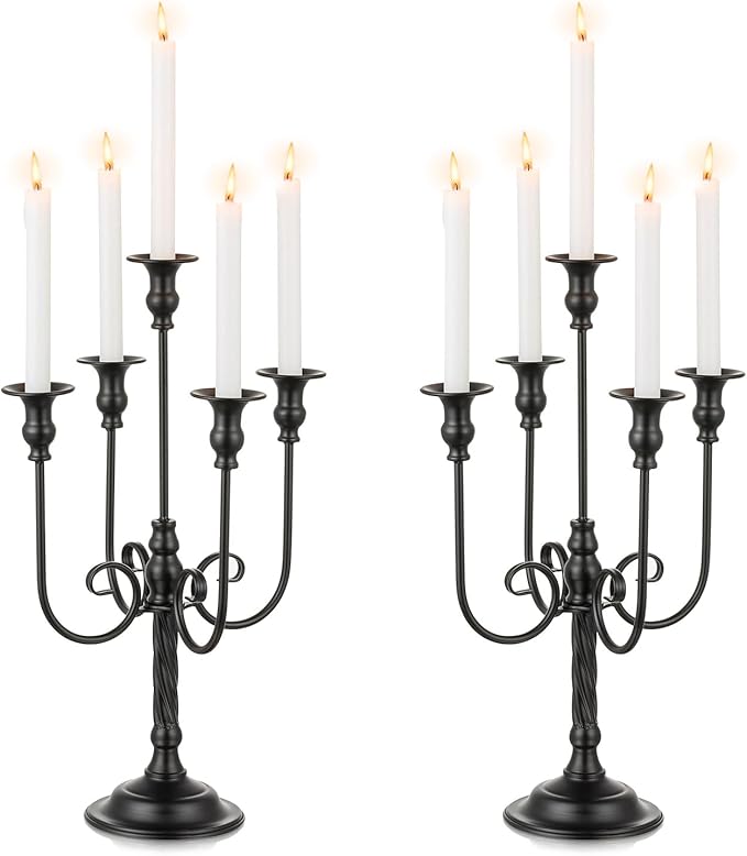 Black Candelabra Halloween Decorations: 20 Inches Gothic Candle Holder 5 Arm Metal Candlestick Stand for Table Fireplace Victorian Decor Set of 2