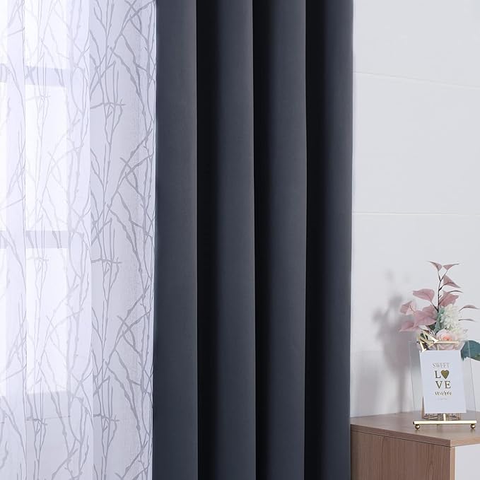 BONZER Mix and Match Curtains - 2 Pieces Branch Print Sheer Curtains and 2 Pieces Blackout Curtains for Bedroom Living Room Grommet Window Drapes, 54x108 Inch/Panel, Grey Dark, Set of 4 Panels