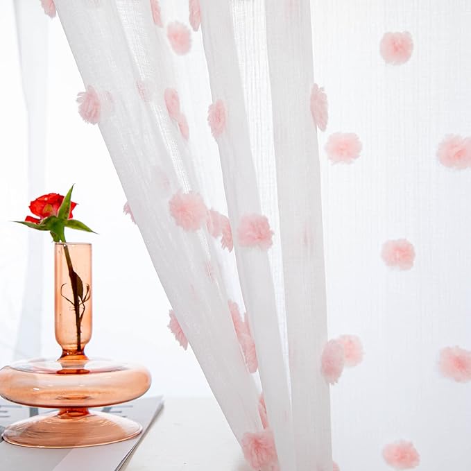 MYSKY HOME 95 Inch Pom Pom Sheer Curtains for Living Room and Bedroom - Baby Pink, White, Blush - Rod Pocket Window Backdrops for Large Sliding Door (38 x 95 in, Set of 2)