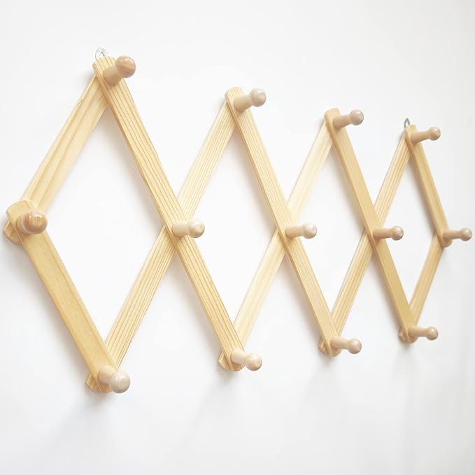 AMAPON Accordion Style Expandable Wall Wooden Coat Rack 13 Hooks (Pegs) Hang Hats Jackets Coffee Mug Purses Necklaces Towels Cap Leash Scarves Data Line Kitchenware (2 Pack)