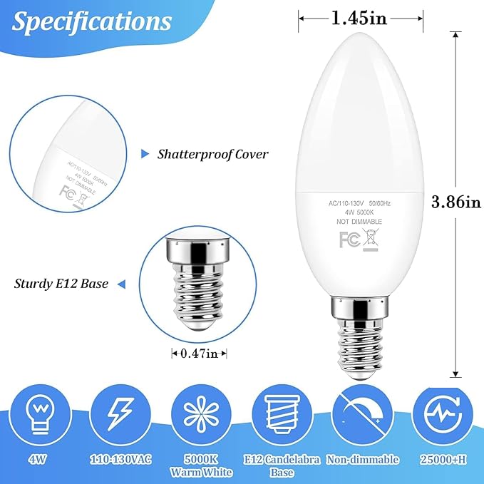 Brightever Candelabra 40W Equivalent LED Light Bulbs, 4W Candle Light Bulbs with Small E12 Base, Daylight White 5000K Ceiling Fan Lightbulbs, Type B Bulb for Wall Sconces, Non-Dimmable, Pack of 6