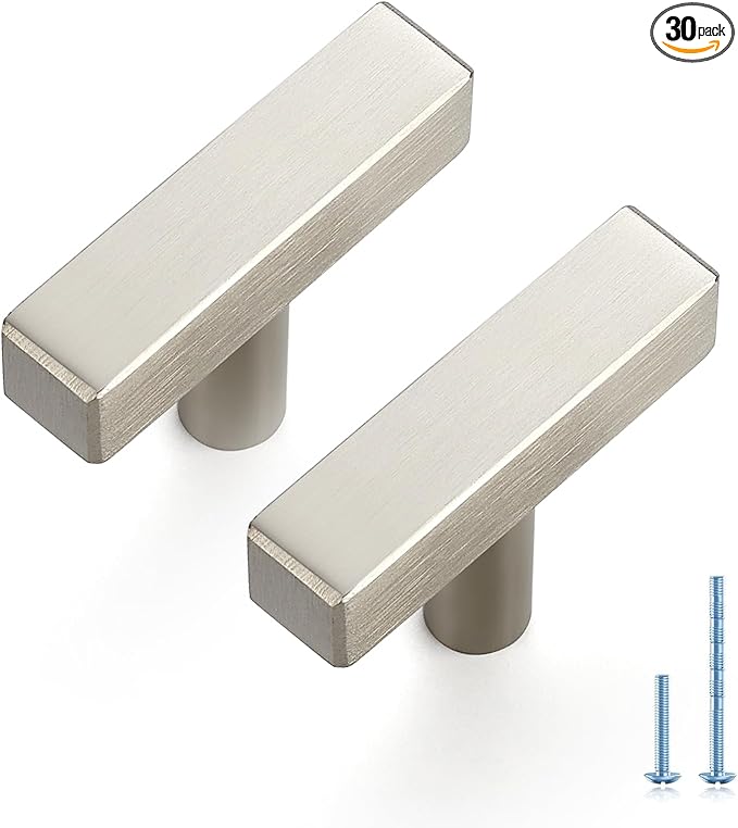 JOY DECOR 30 Pack Single Hole Brushed Nickel Square Cabinet Handles Stainless Steel Cabinet Hardware Pulls for Kitchen and Drawers with 2 Inch Overall Length