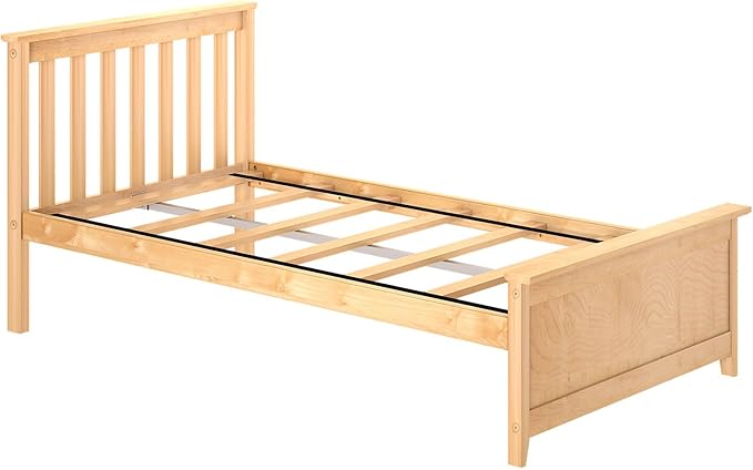 Max & Lily Twin Bed Frame with Slatted Headboard, Solid Wood Platform Bed for Kids, No Box Spring Needed, Easy Assembly, Natural