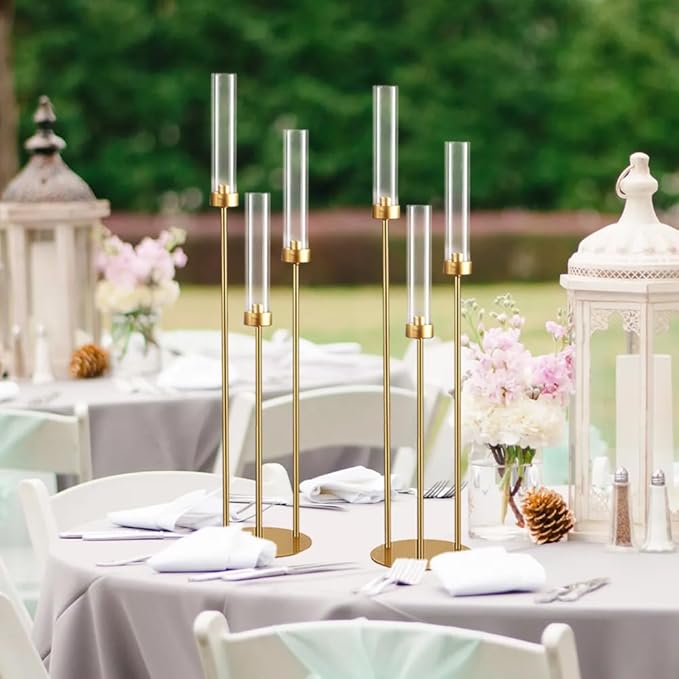 Vincidern 10pcs Gold 3 Arm Candelabra Taper Candle Holder for Table Centerpieces, 34in Tall Metal Candlestick Holder with Acrylic Lampshade for Wedding,Party,Holiday Christmas, Halloween Candelabra