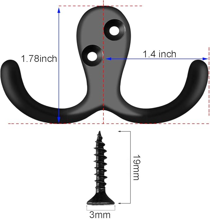 IBosins 10 Pack Heavy Duty Double Prong Coat Hooks Wall Mounted with 20 Screws Retro Double Hooks Utility Hooks for Coat, Scarf, Bag, Towel, Key, Cap, Cup, Hat