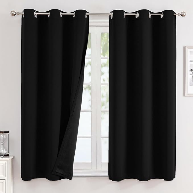 ChrisDowa 100% Blackout Curtains for Bedroom with Black Liner, 2 Thick Layers Total Blackout Thermal Insulated Grommet Window Curtains 2 Panels Set (Black, 42 x 63 Inch)