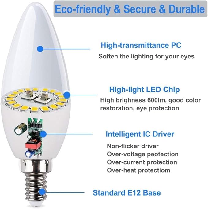 Vinaco E12 LED Bulb, 6 Pack E12 Candelabra Bulb 4 Watt Warm White 3000K, High Brightness 400LM & 25000+ Long Lifespan Bulb, E12 Candelabra Base Light Bulb for Ceiling Fan Light Bulb