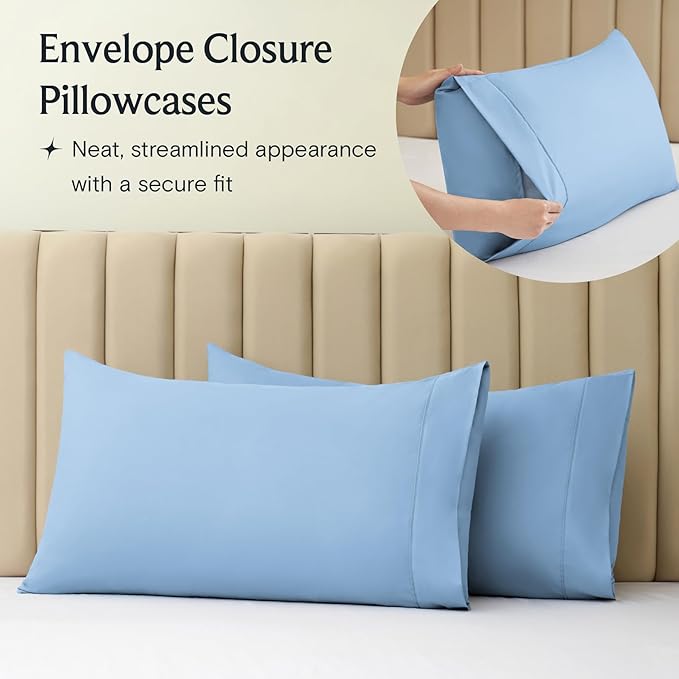LuxClub 4 PC California King Sheet Set, Breathable Luxury Bed Sheets, Deep Pockets Wrinkle Free Cooling Sheets Machine Washable Hotel Bedding Silky Soft - Sky Cal King