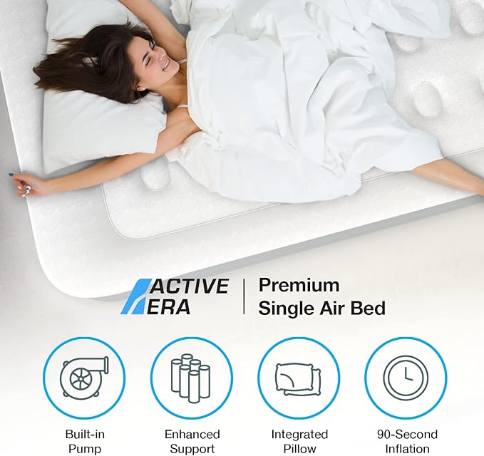 Active Era 20" Twin Air Mattress with Built-in Pump & Raised Pillow - Heavy Duty Puncture Resistant, Waterproof Blow Up Bed